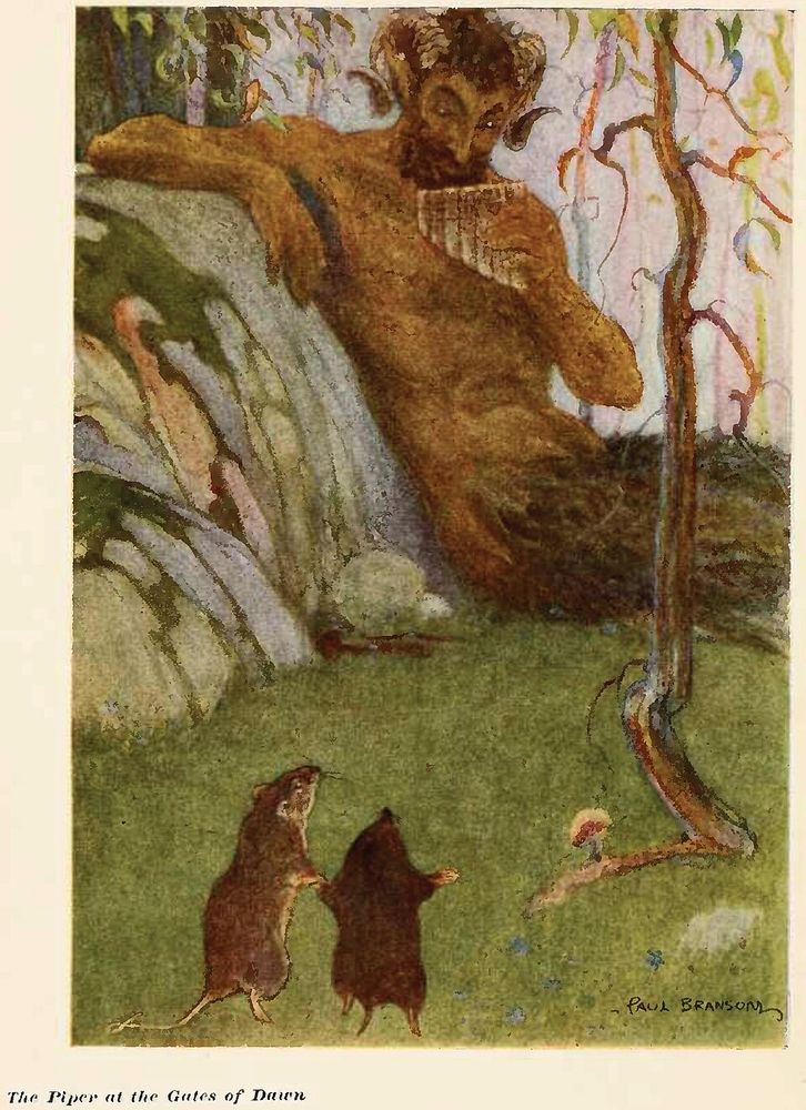 Paul Bransom illustration (1913) from "The Wind in The Willows" story "Piper at the Gates of Dawn." The picture is of Mole and Ratty looking up at the demi-god Pan, who is sitting against a rock playing his flute.