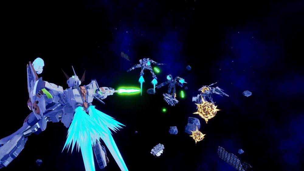 Protagonist side diorama of a battle between Hiemalis, and three enemy machines. Fenrir, Hati, and Skoll