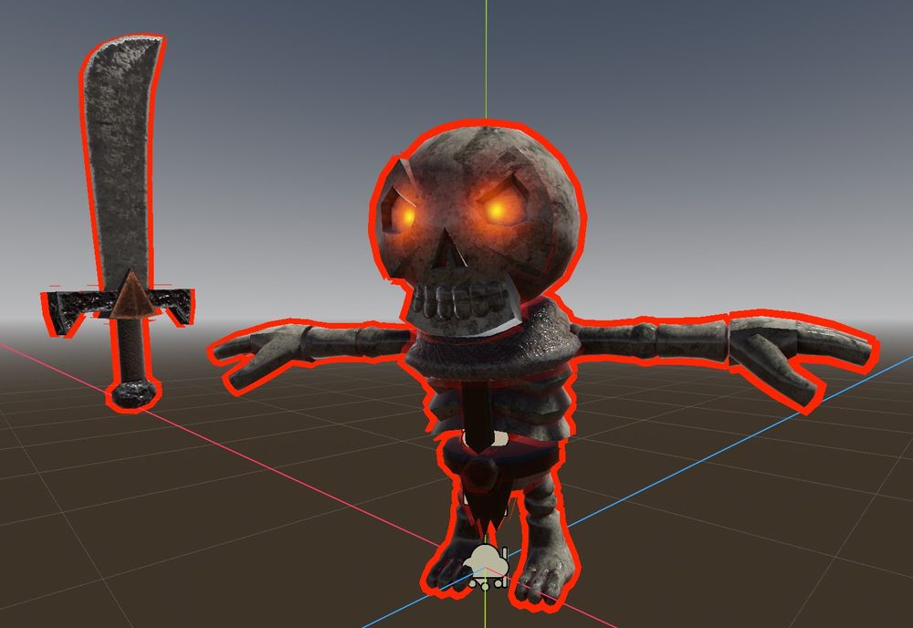 A 3D model of a Skeleton Warrior in a T-Pose position. PBR textured and freshly imported in to the godot editor. The skeleton is outlined in red but looks, dirty and weathered with glowing eyes and a rusty old sword. 