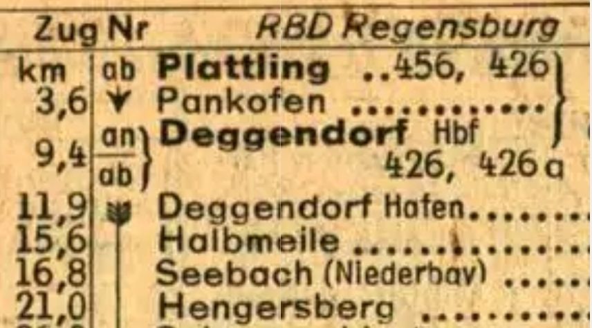Ausschnitt aus einem Kursbuch von 1946, Strecke Plattling - Kalteneck, der unter anderem die Bahnhöfe Deggendorf Hbf und Deggendorf Hafen zeigt