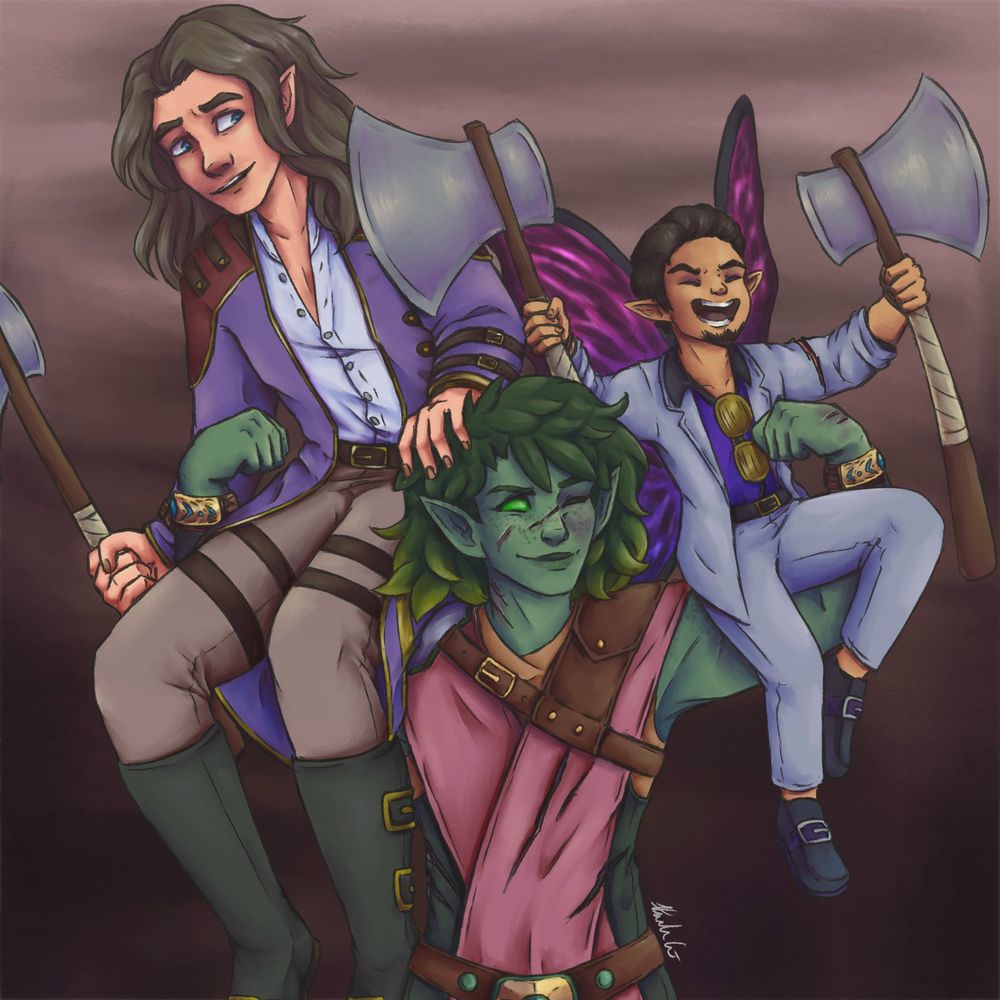 A graying half-elf wizard and Italian-mobster fairy wizard on the shoulders of a buff eladrin (green elf). All of them scratched up (the eladrin more-so), victoriously holding up axes - they've defeated the fight pit. 