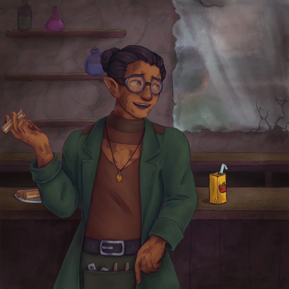 Same orange earth genasi but he's now holding a churro 