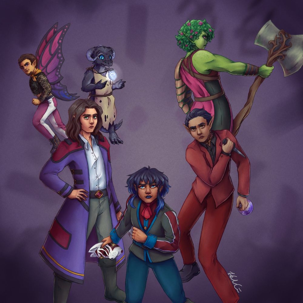 A group photo containing various d&d characters (l to r): Theris, a fairy wizard with bisexual-flag colored butterfly wings; Voss, a half-elf wizard with a bulky purple coat and rbf; Teny, a kobold warlock with a bright glowing necklace to talk to his "brain lady" patron; Jasper, a subtle water genasi rouge who works for the circus and has a kitsune mask; Feldspar, a dead eladrin rouge/warlock with an affinity for poisons and fine wine; Trunks, a spring-form eladrin barbarian with a big tree branch axe.