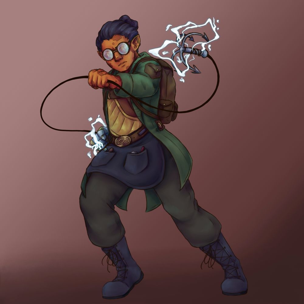 Image of an earth genasi - DnD race that is half earth elemental - with orange speckled skin, hair in a tight black bun, wearing a green coat, goggles, and dark pants/boots. He has a mechanical gauntlet (partially blocked to view by body) and is holding a grappling hook in his opposite hand. It's rippling with blue lightning. It's rippling with blue lightning.