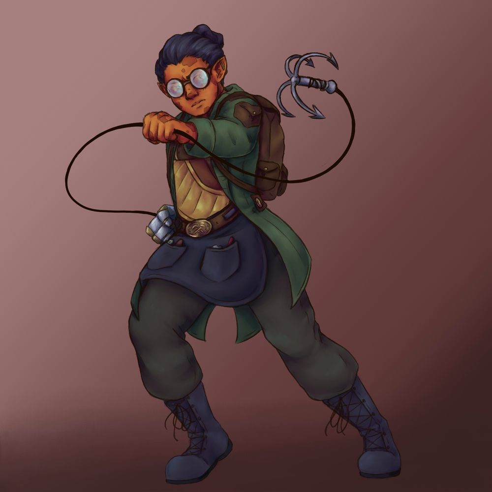 An earth genasi - DnD race that is half earth elemental - with orange speckled skin, hair in a tight black bun, wearing a green coat with dark pants and boots. He has a mechanical gauntlet (partially blocked to view by body) and is holding a grappling hook in his opposite hand. This image has no lightning to show off shading details.