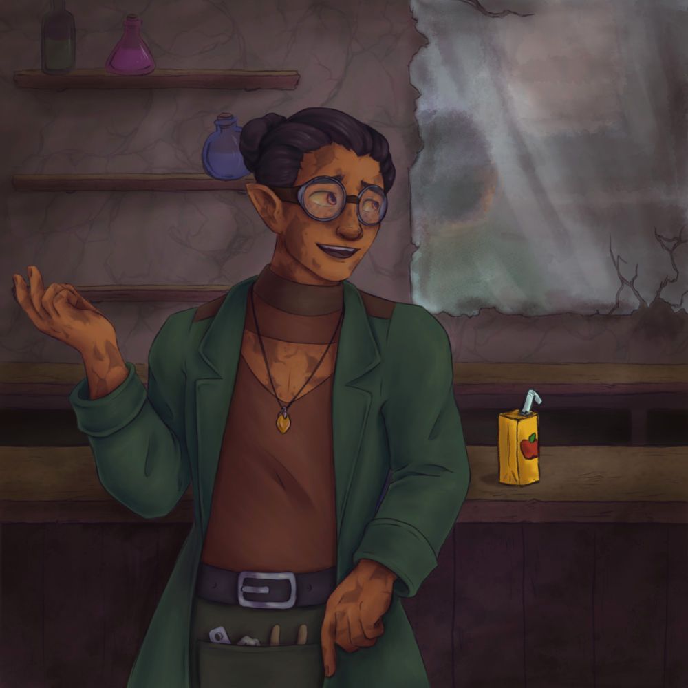 Orange earth genasi happily standing at a bar with a carton of apple juice