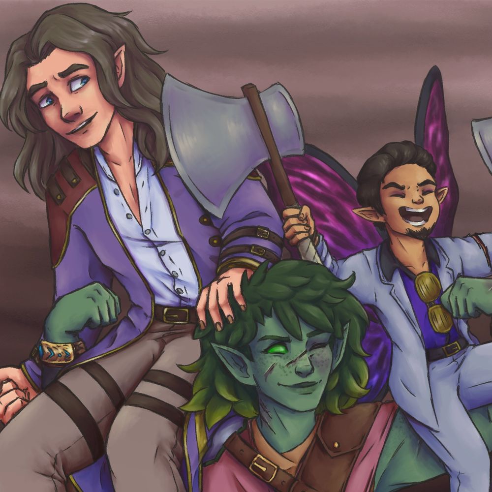 Close up of the characters' faces (LtoR): Erin Voss: half-elf wizard with graying hair, green eyes, wearing a big purple coat. Trunks: eladrin barbarian with green skin, green leaf hair, and bright green iris-less eyes. Theris: fairy wizard with dark brown hair, goatee, wearing a white suit, butterfly-like wings that are pink/purple/blue (violent bi). 