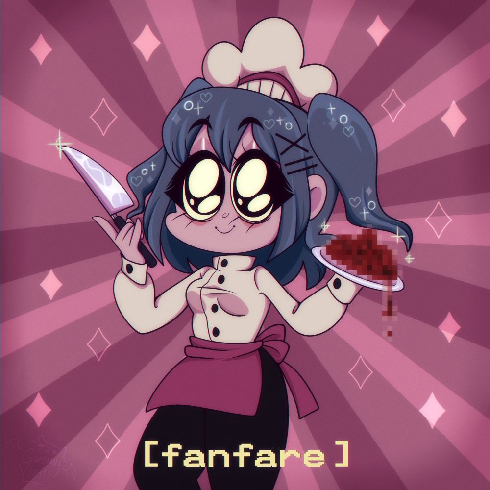 A digital drawing of Lacey from Lacey's Diner. She wears a chef uniform and is holding a knife and a plate of pixelated red mush. The caption reads "fanfare"