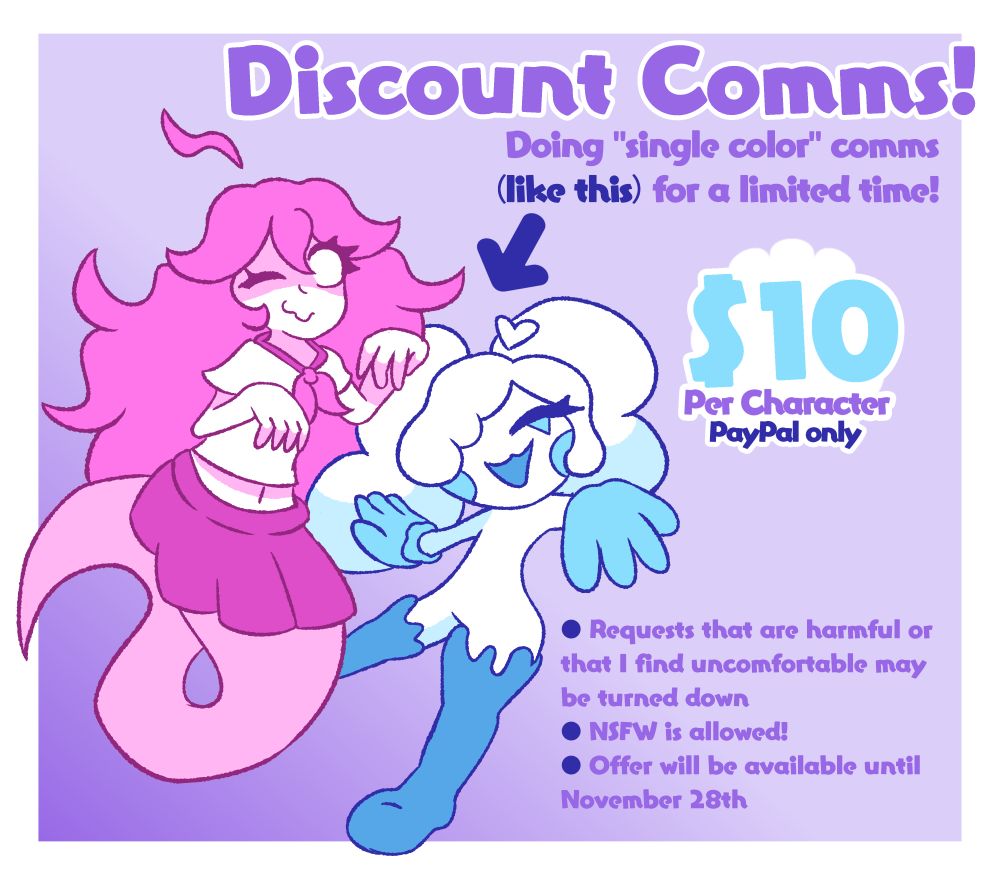 Comm sheet offering monotone art commissions for 10 USD. Available only until November 28th.