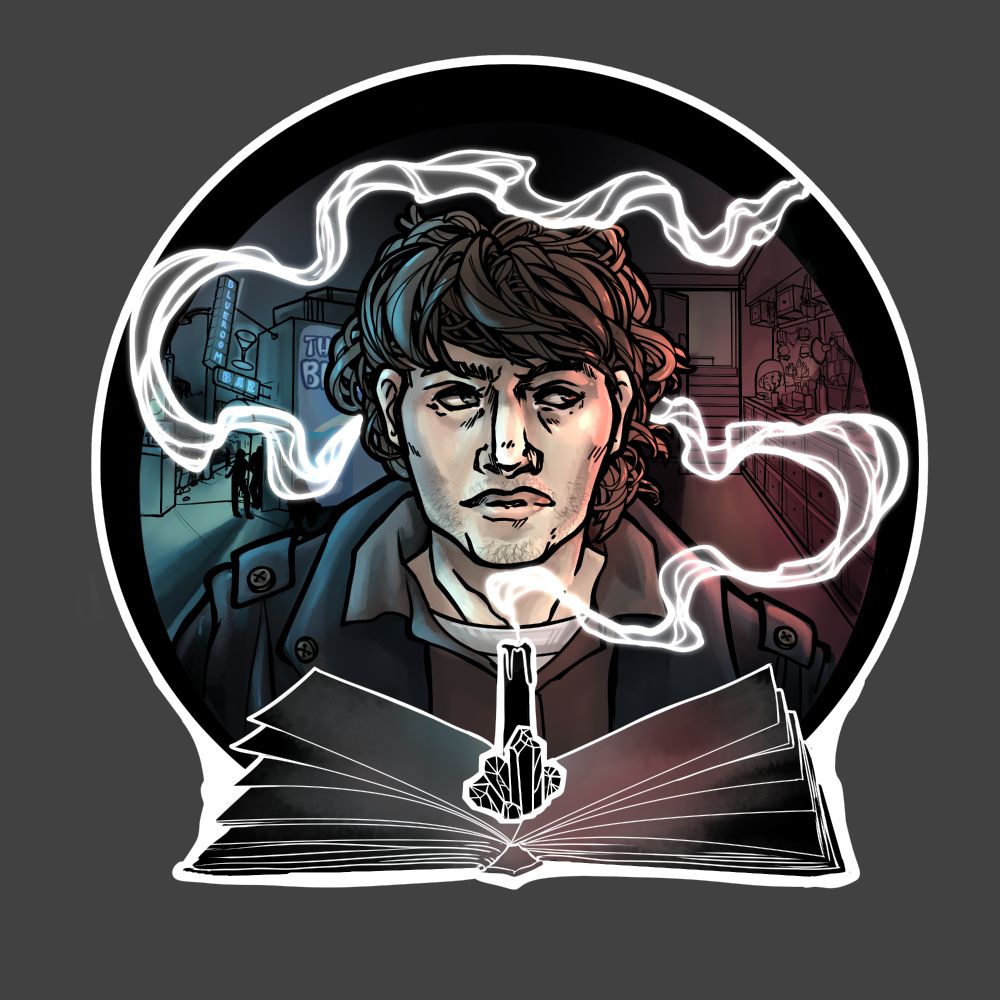 a man lit by a blue bar landscape on one side and a red basement on the other. The front of the design has an open book, a crystal and a candle