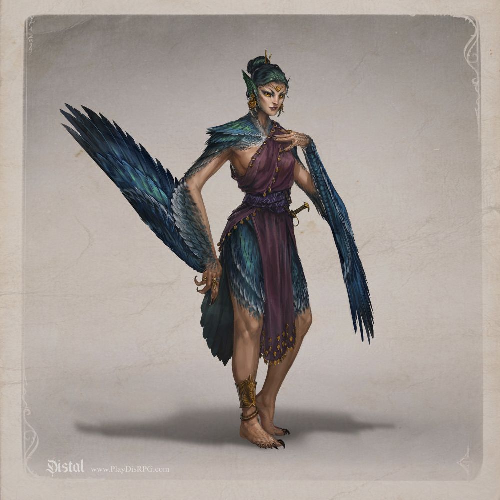 Furie (Harpy like) woman in a loose robe with golden jewelry and wing-like ears. Much of her body is covered in iridescent blue-green feathers the same color as her hair.