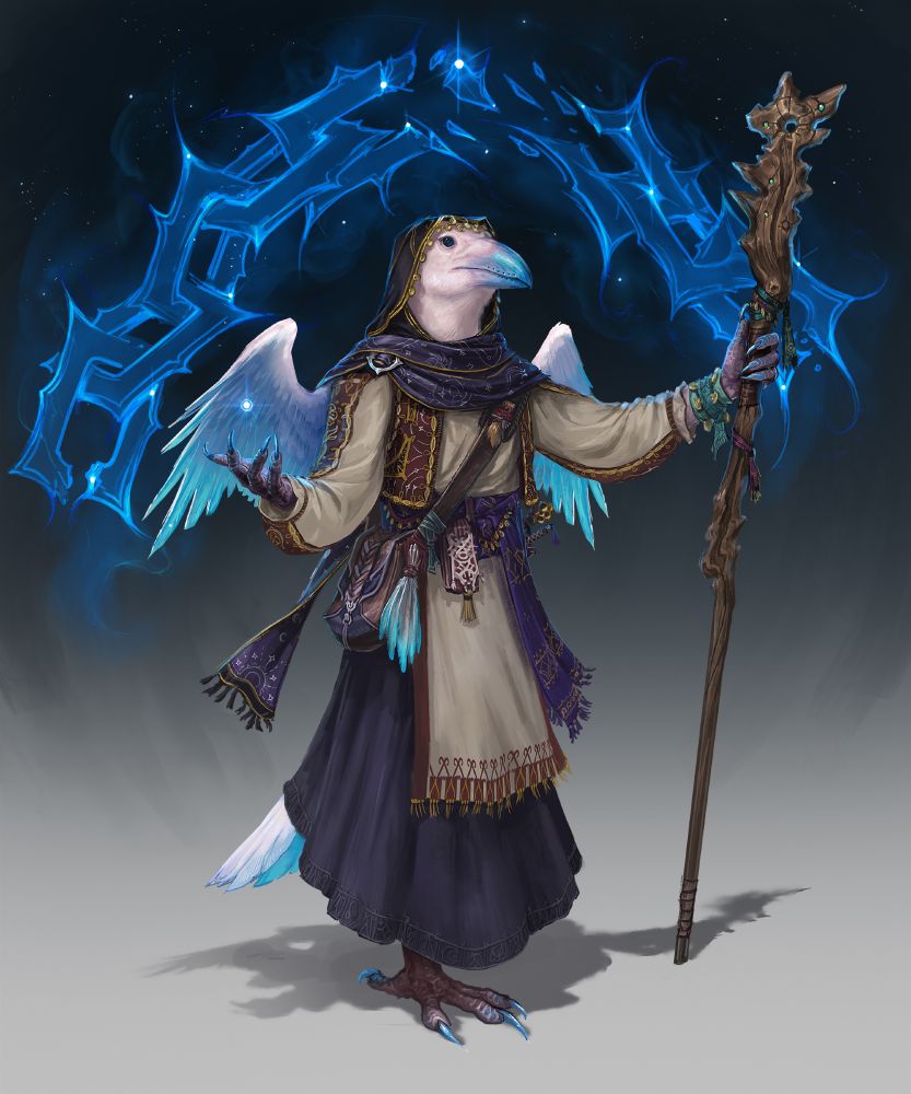 A Tengu woman with Leucistic coloration that turns to a glassy teal/blue on her extremeties (a sign of her Ganzi heritage). She has vesticial wings and wears simple robes with lots of embroidered decoration added to them. She holds a driftwood staff in one hand, its head has been shaped to act as a map to the stars when held aloft. In her right hand she summons a small mote of light, like a miniature star. Magic trails behind her as stars form a Constellation shaped like a shattered chain.