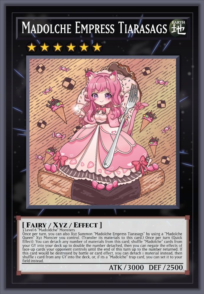 Art of Sagiki in the style of Yu-gi-oh and pose of Madolche Queen Tiaramisu