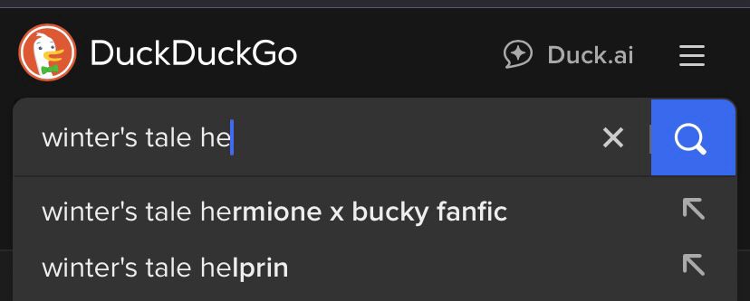 A search result from DuckDuckGo. It shows a partial typing of “winter’s tale he”. The suggested results are “winter’s tale Hermione X Bucky fanfic”, and “Winters tale Helprin”.