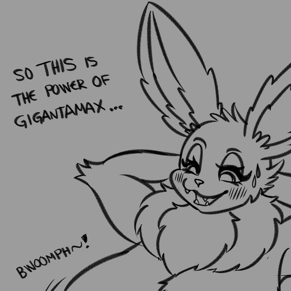 A busty anthro Eevee is looking down at her chest & saying "So this is the power of Gigantamax..."