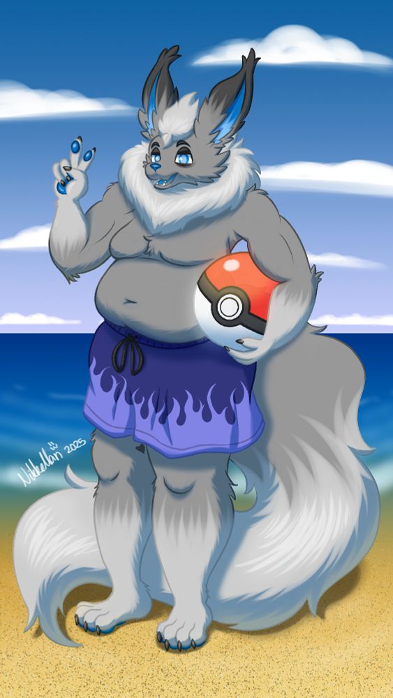 A digital drawing of an anthro male Flareon called Silver, standing at a beach & posing for the viewer while holding a Poke Ball style beach ball in his one hand while doing a peace sign with the other. He is wearing blue swimming trunks with a flame pattern on them.