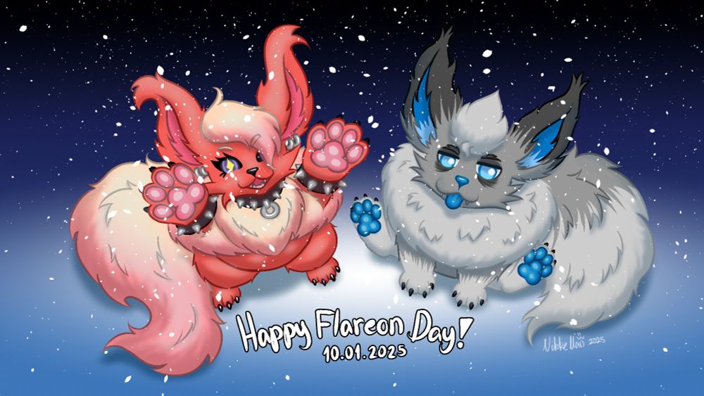 Two Flareon, Cherri & Silver, are outside, looking up towards the sky while it's snowing. Silver is sitting with his tongue out while Cherri is standing on her back legs, holding her front paws towards the sky, excited about the falling snow. 