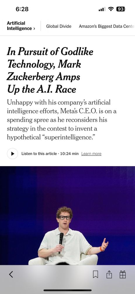 In Pursuit of Godlike Technology, Mark Zuckerberg Amps Up the A.I. Race
Unhappy with his company’s artificial intelligence efforts, Meta’s C.E.O. is on a spending spree as he reconsiders his strategy in the contest to invent a hypothetical “superintelligence.”