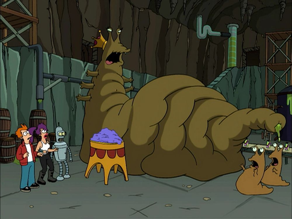 Fry, Leela and Bender next to the Slurm Queen as they discover how the drink Slurm is made in the Futurama Episode "Fry & the Slurm Factory".