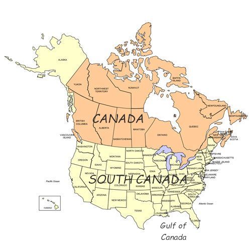 Map showing Canada with the USA renamed South Canada and the Gulf of Mexico renamed Gulf of Canada.
