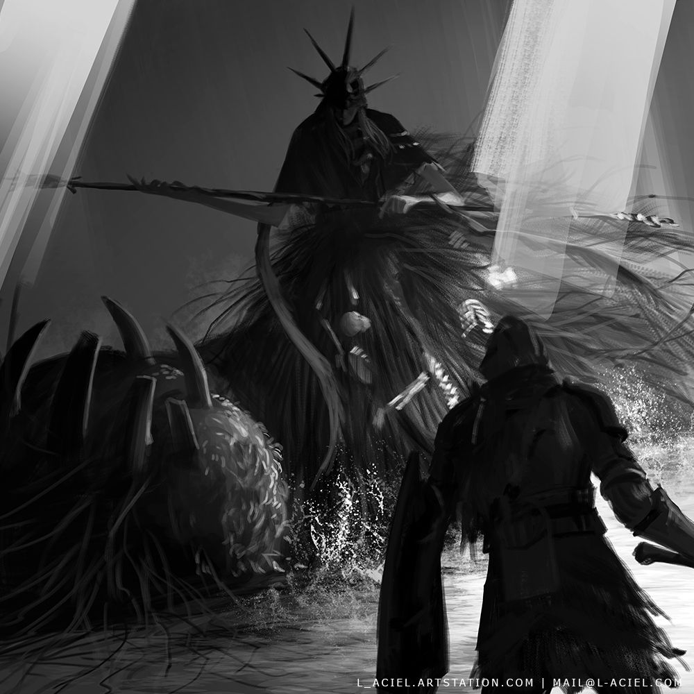 black and white fanart of Aldrick devourer of gods from dark souls III 