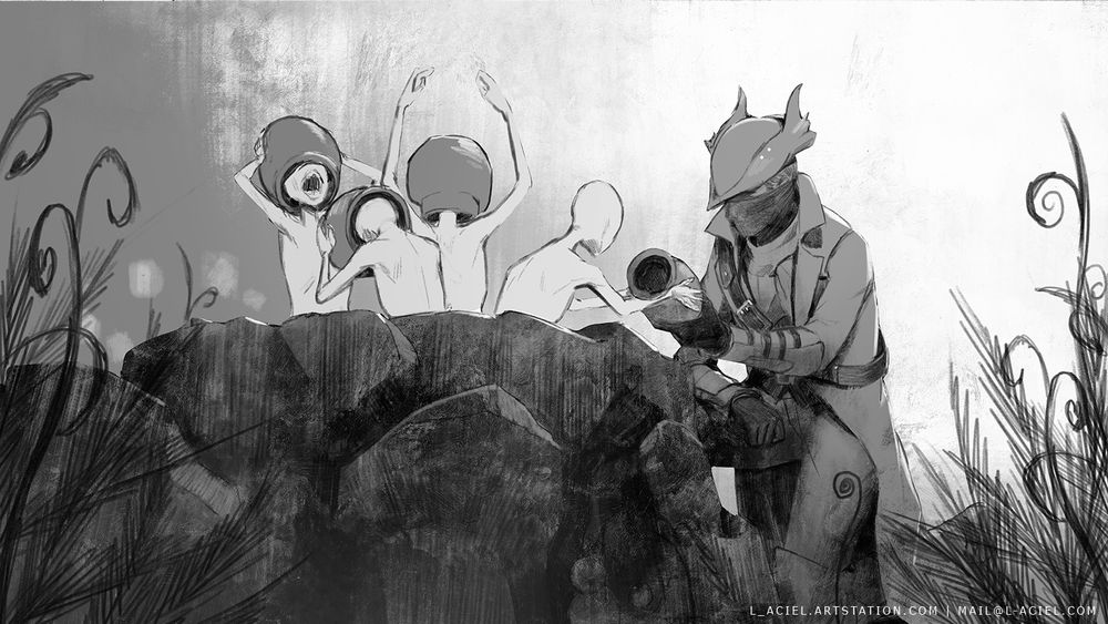 Good hunter giving urns to the messengers letting them be happy and revel as babes