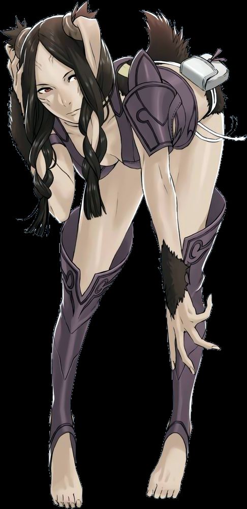 An image of Panne from Fire Emblem: Awakening. She is a pale-skinned woman with brown hair and brown eyes in purple armor, and a white satchel-bag on her hip. Her hair is done up in two braids that intertwine with her pair of pale-furred bunny ears, and her brown rabbit's tail can be seen as well.