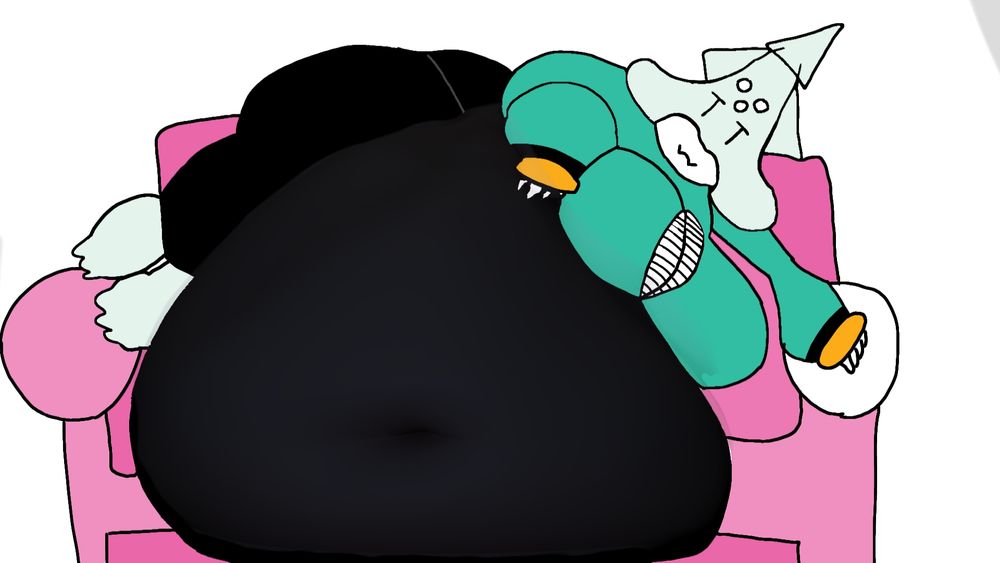 Abyss the Squid from the Archie Sonic comics, large bodied and sprawled out over a pink couch. Her enormous belly hangs down from the couch and gently lays on the floor.