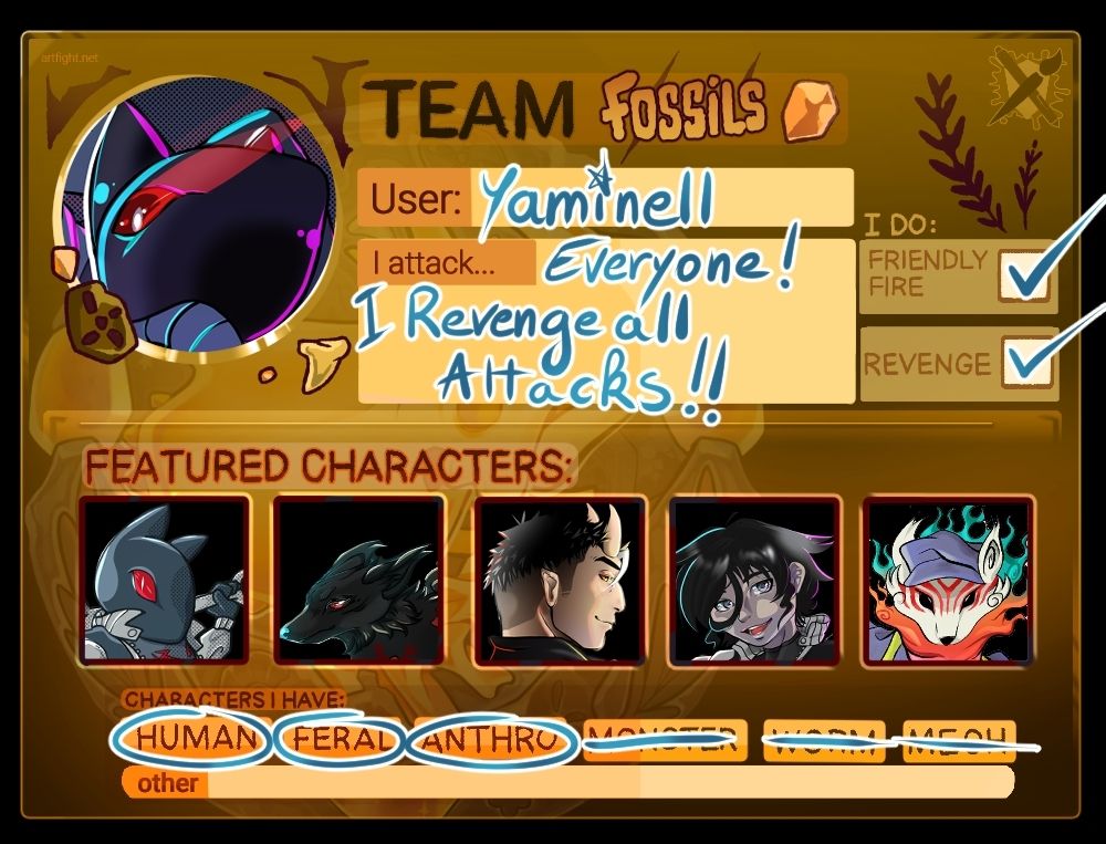 A card destined for the event "artfight", featuring the title "team Fossils" and 5 featured characters. It shows a "friendly fire" box and a "revenge" box checked. 