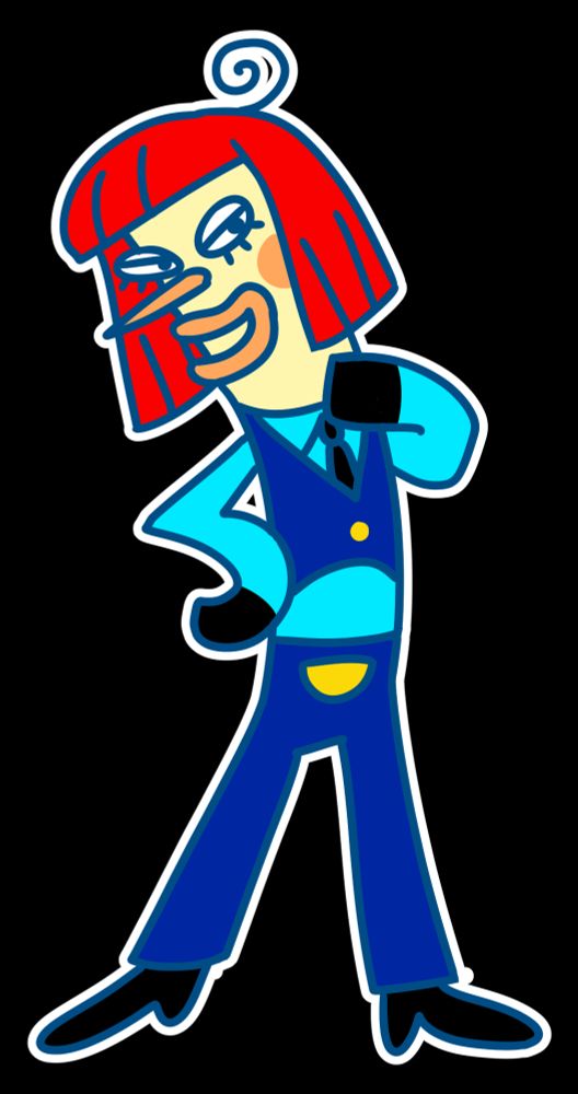 A long pale man with a red bobcut and a police uniform, drawn in the Tamagotchi art style