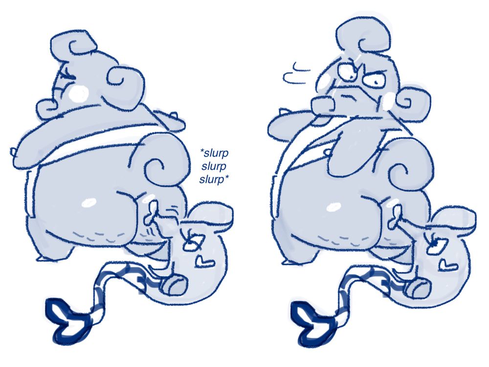 Cupid (Gorebyss) suckling on Sammi (Lickilicky)’s buttcheek much like a leech or lamprey. Sammi turns his head back and scowls at him.