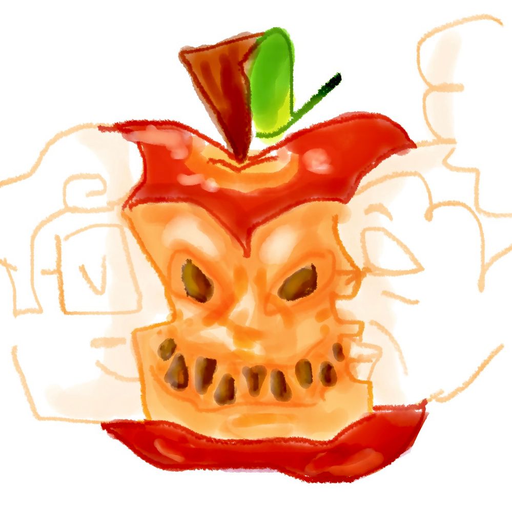 An apple with bite marks in the shape of Gomaz & Maeve’s profiles, facing each other. The center of the apple looks like Bodtcher’s face.