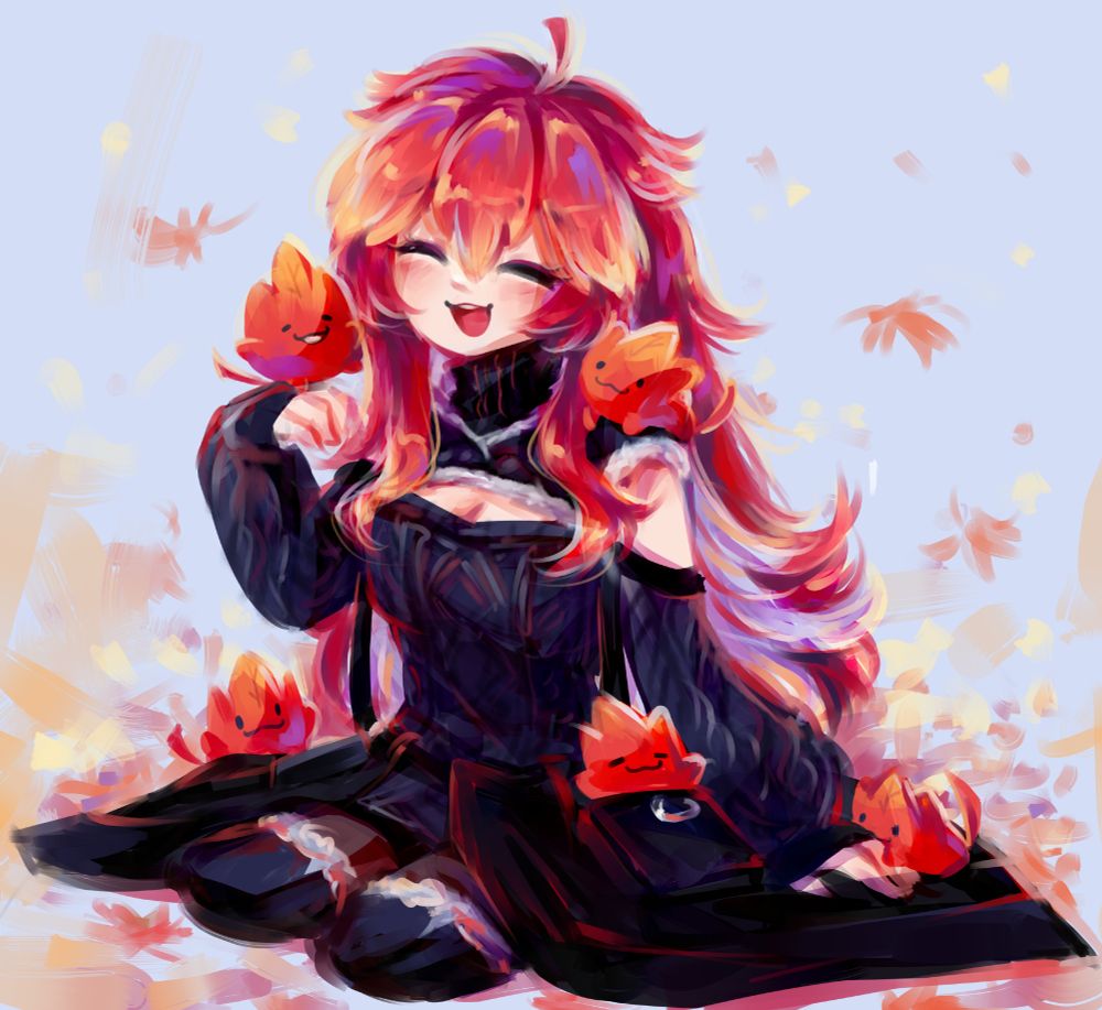 digital painting of maple sitting on the ground surrounded by happy little leaflings!