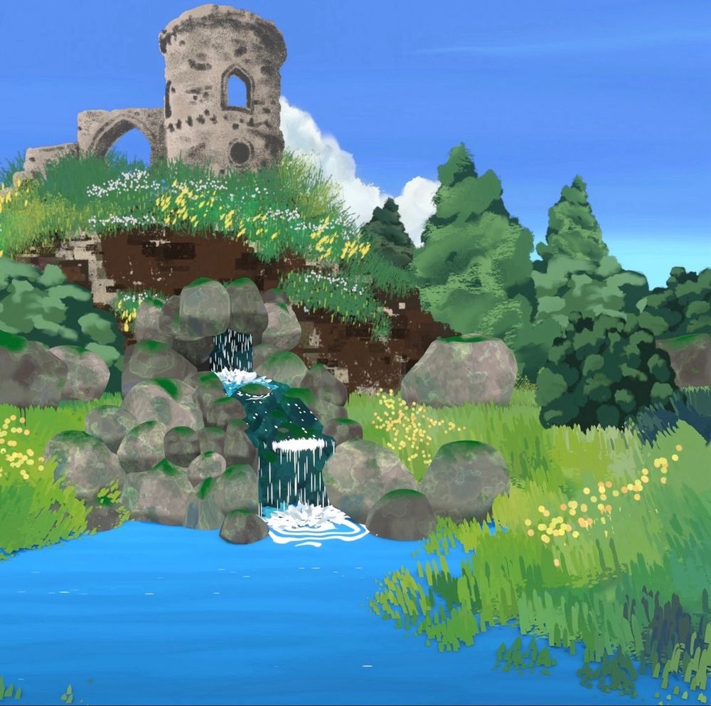 Close up of castle, rocks, waterfall and trees from the background of the illustration in previous posts. It’s difficult to distinguish which portions are 3d or 2d.