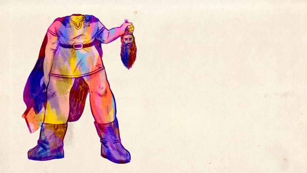 A digital illustration a massive giant holding his own decapitated head. It’s like drawn with a single color reddish purple line work over top of a field of bright colors: pinks, purples, oranges, and yellows. The background is stained pulpy paper.