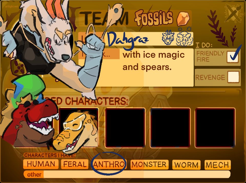 The 'Team Fossils' Art Fight 2025 card with an anthro dragon popping out of the user's profile space to yell at the two, an anthro trex and an alligator character, occupying the characters' spaces. The two below are smiling, oblivious to the dragon who's pointing behind him with his thumb and telling them to get out.