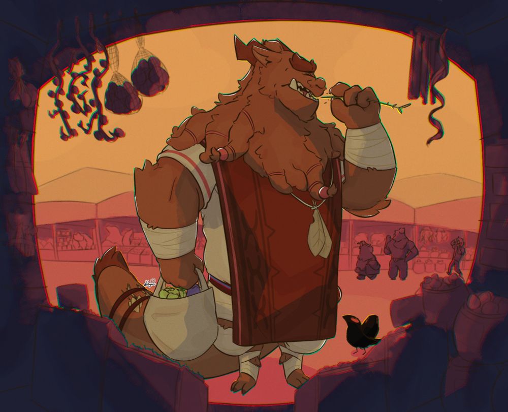 An anthro dragon taking interest at what's on sale at the stall before him in the foreground. He holds a wheat straw in one hand as he just took it out of his mouth and holds a bag of groceries in the other hand. He has brown fur and is wearing a brownish-red poncho with beige clothes underneath it. Behind him are two crows; one is looking at him and the other is looking directly at the stall. He is in a marketplace setting. 
The character is Tarragon and belongs to dernooks.