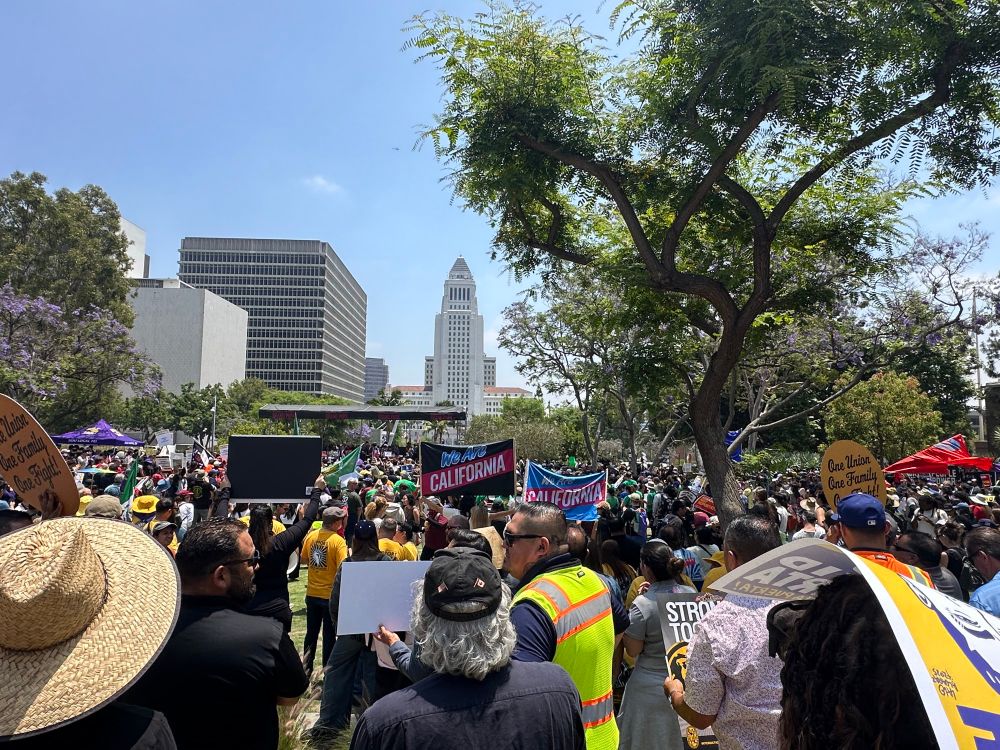 Grant Park in downtown Los Angeles, full of union members peacefully singing and talking and carrying their signs.