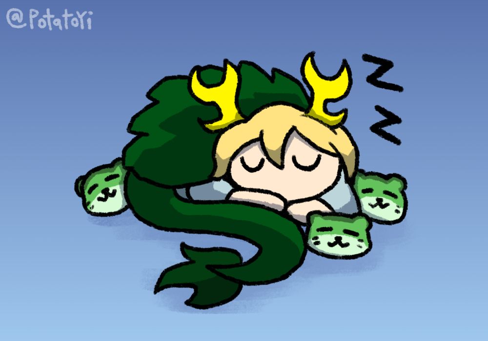 Touhou Project Yachie Kicchou sleeping curled up with a few otter spirits sleeping around her