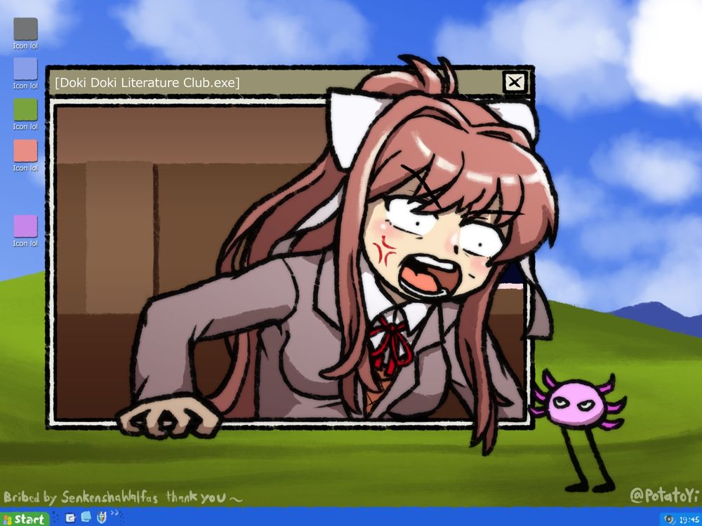 Monika from Doki Doki Literature Club popping out of the game window of Doki Doki Literature Club.exe to argue with KinitoPet on the desktop screen.