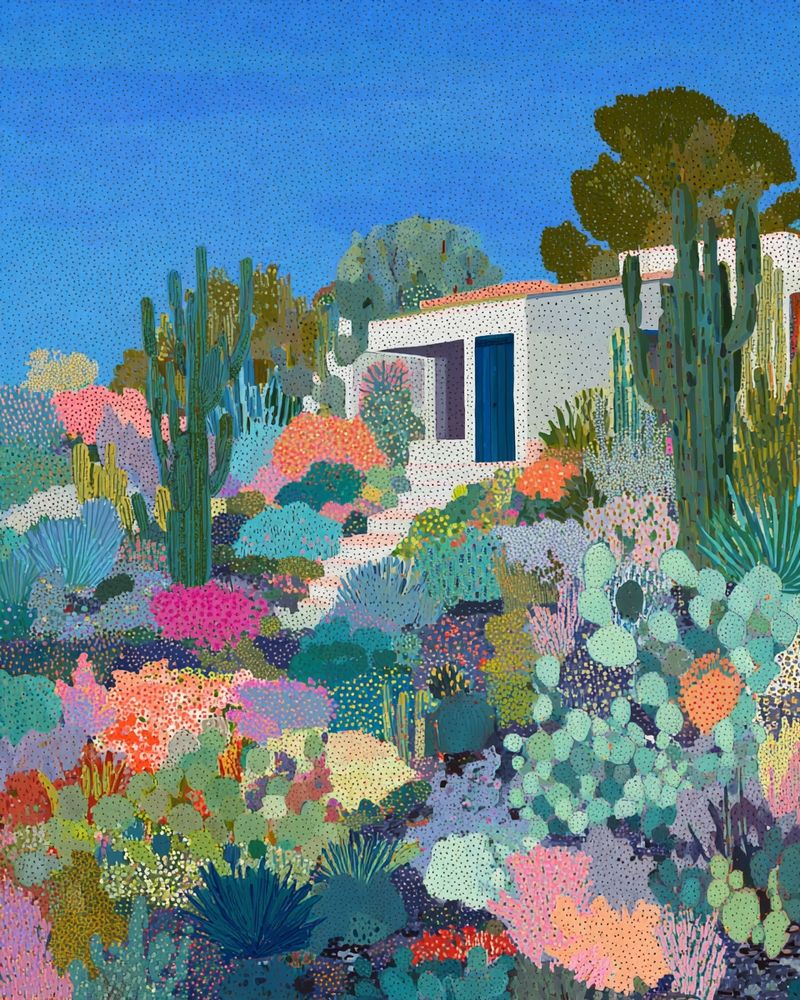 desert home, yard full of cacti and succulents, blue sky 