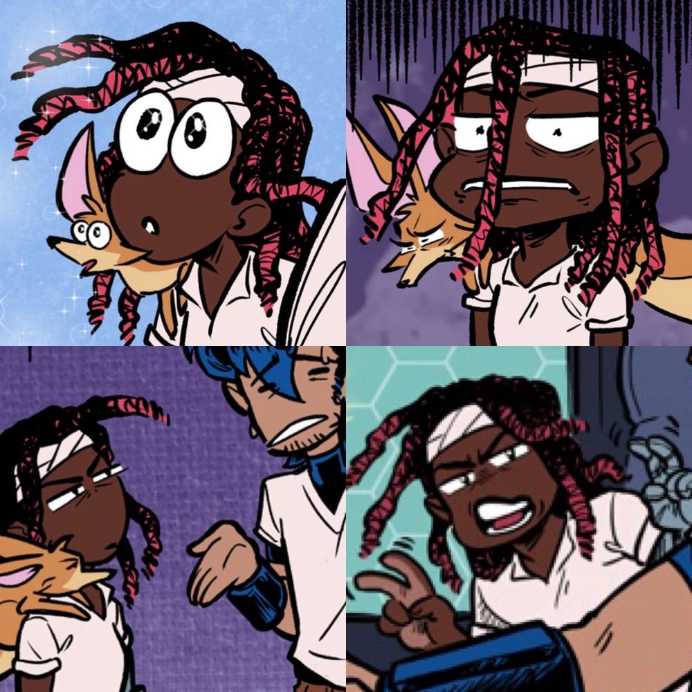 A collage of four images:
1) Ari and Zephyr with cartoon-y wide eyes staring at something in awe. 
2) Ari and Zephyr with cartoon-exaggerated grimaces. 
3) Ari and Zephyr with cartoonishly narrowed eyes as they look at a grimacing Dusty. 
4) Ari looking skeptical and doing air quotes with her hands.