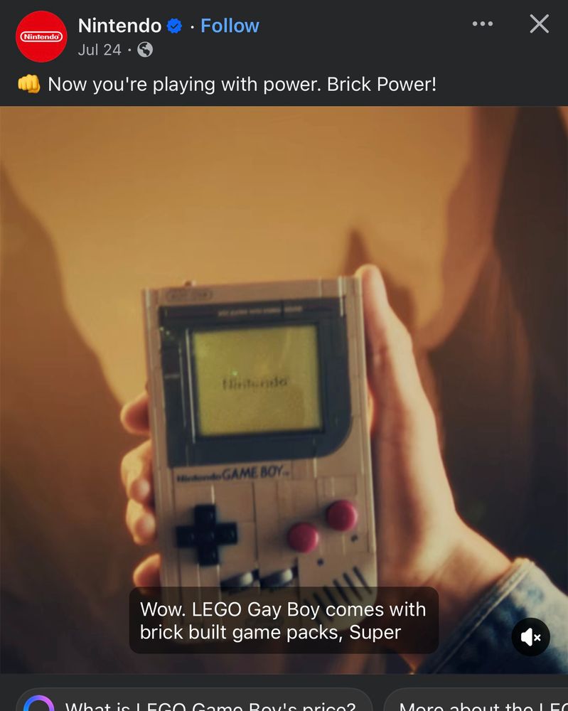 Nintendo Facebook video ad for the Lego Game Boy Nintendo Jul 24 Now you're playing with power. Brick Power! Video caption: Wow. LEGO Gay Boy comes with brick built game packs, Super