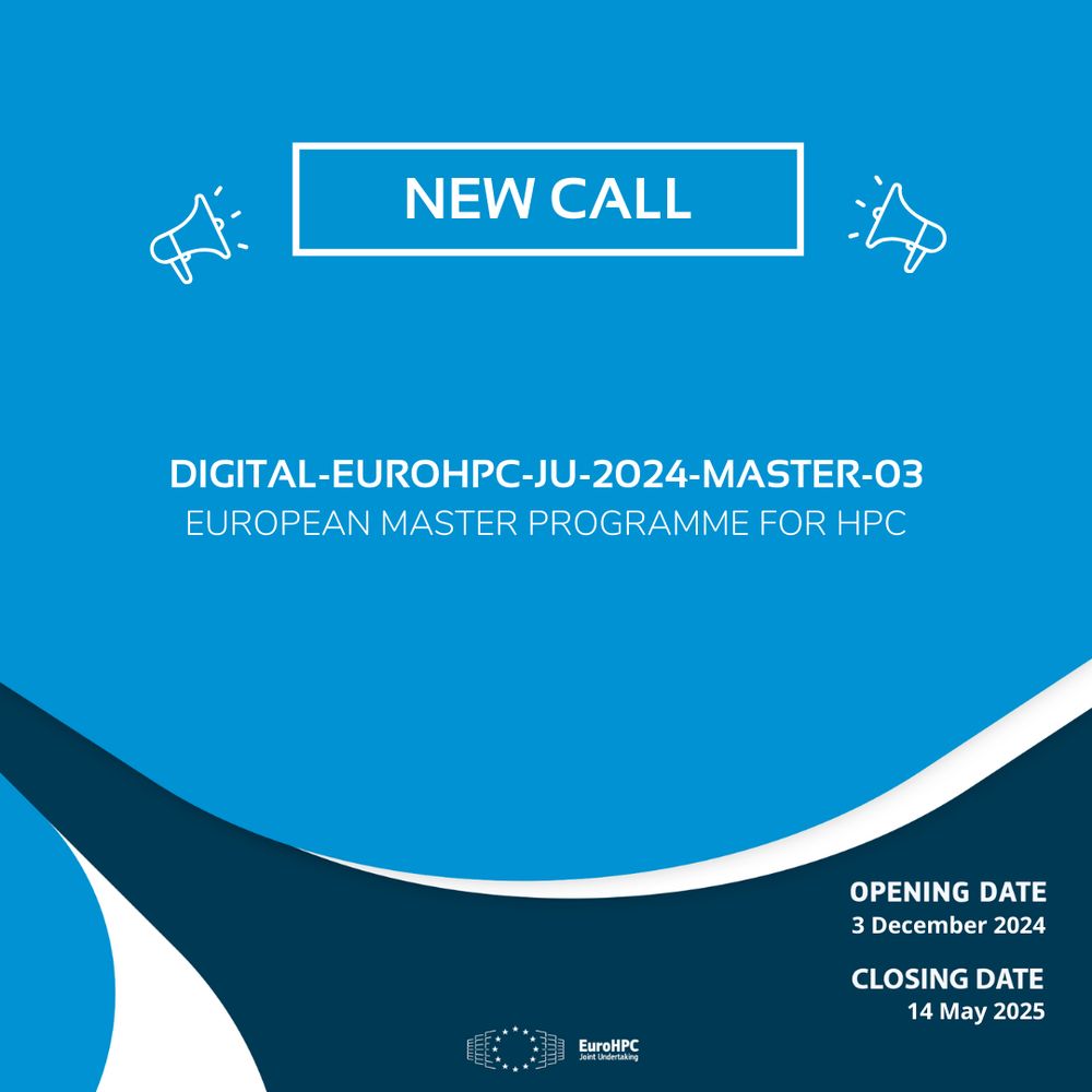 A digital image announces a new call for applications. At the top, "NEW CALL" is displayed with small speaker icons on both sides. Below, the text reads "DIGITAL-EUROHPC-JU-2024-MASTER-03" followed by "EUROPEAN MASTER PROGRAMME FOR HPC" in smaller letters. The bottom right corner lists key dates: "OPENING DATE: 3 December 2024" and "CLOSING DATE: 14 May 2025."  The EuroHPC Joint Undertaking logo is at the bottom center.