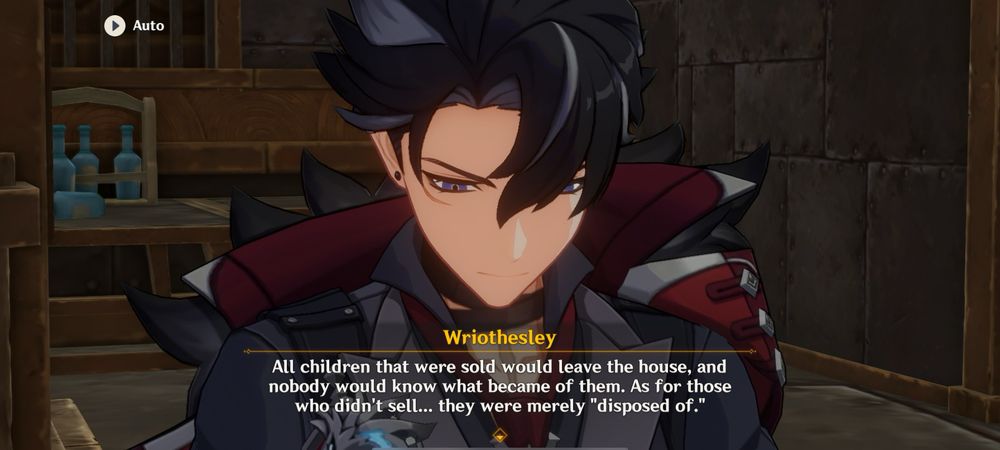 Screenshot closeup of Wriothesley, looking down with a pensive expression. Captioned: “wriothesley: 
All children that were sold would leave the house, and nobody would know what became of them. As for those who didn't sell... they were merely "disposed of."”