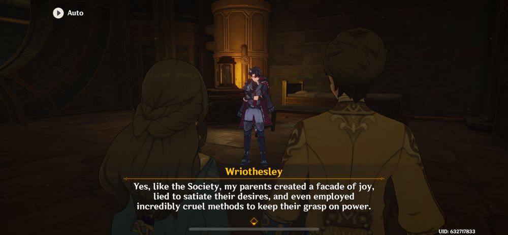 Screenshot of Wriothesley in a thoughtful pose, framed by a woman and a man in the foreground facing away from the camera, implied to be the memory of Wriothesley’s parents. Wriothesley is saying, “Yes, like the Society, my parents created a facade of joy, lied to satiate their desires, and even employed incredibly cruel methods to keep their grasp on power.”