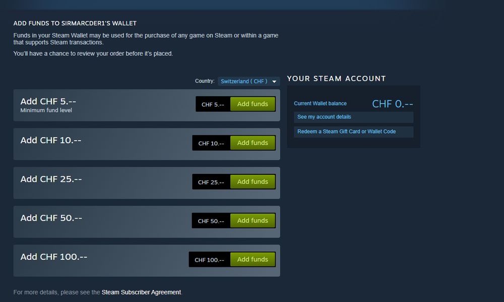 A Swiss user shows that they can add their currency (CHF) to their Steam wallet.