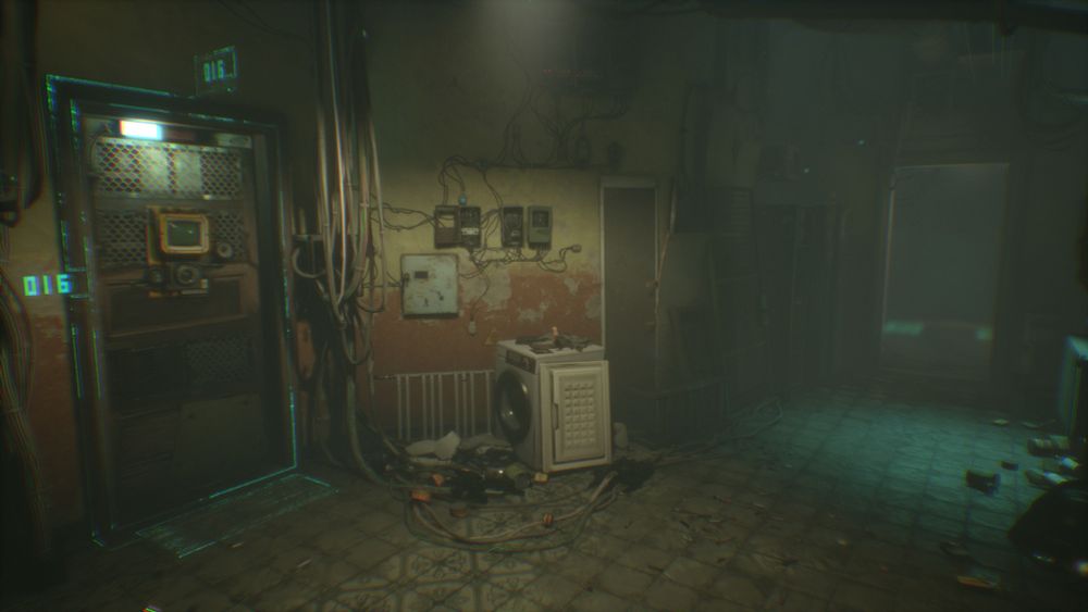 A near-future apartment hallway in Krakow looks like absolute shit with crap stuck to the walls and poor lighting.