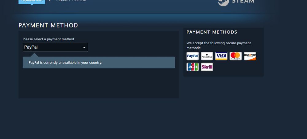 A Swiss user shows that during checkout on Steam, "Paypal is currently unavailable in your country."