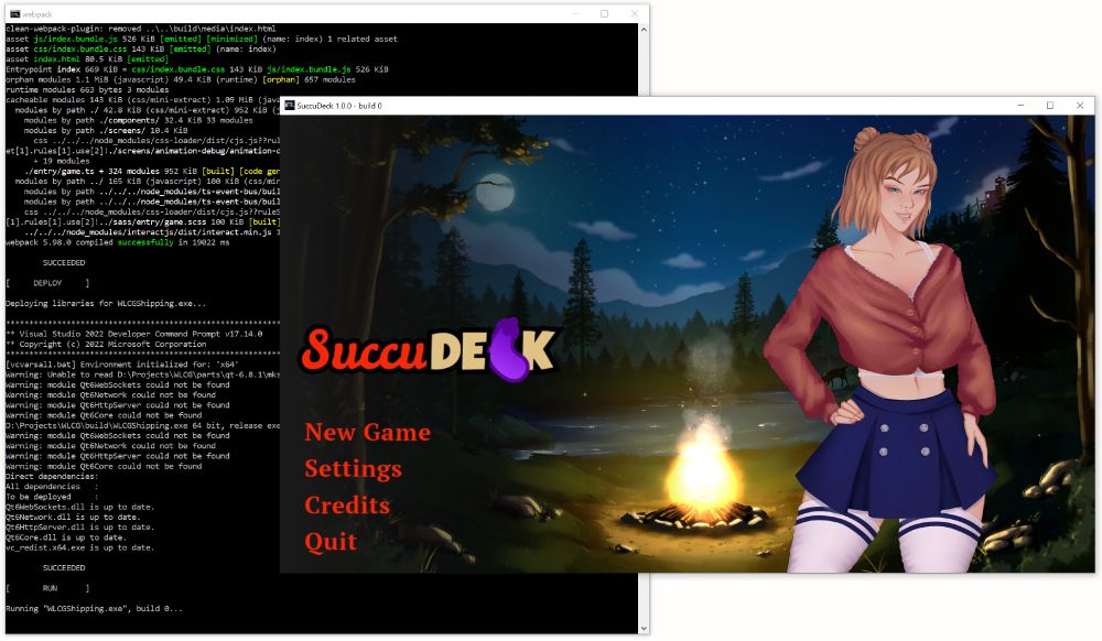 A local build of SuccuDeck with a console window running `python bootstrap[dot]py` in the background.